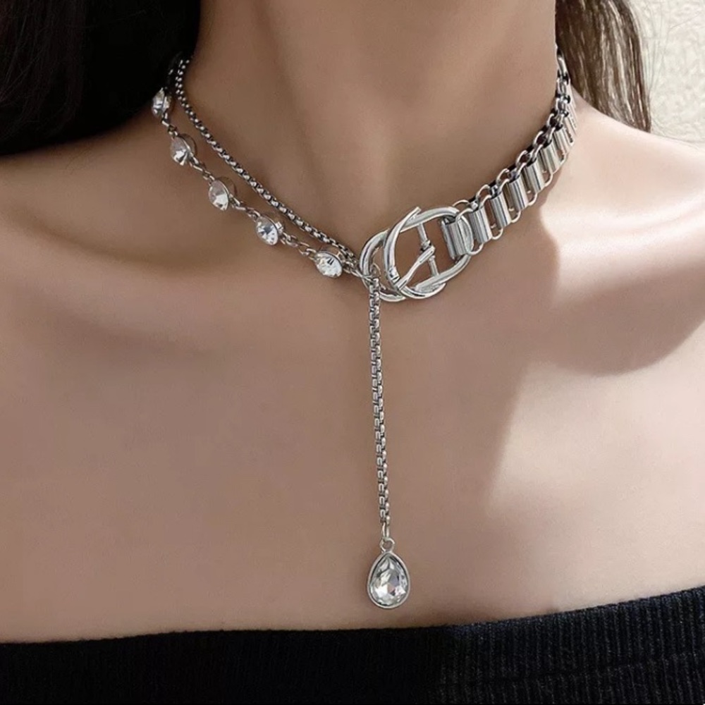 Silver Crystals Rhinestone Choker Two Tone Chain Necklace
